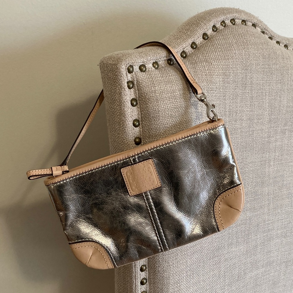 Coach Large Silver and Tan Wristlet